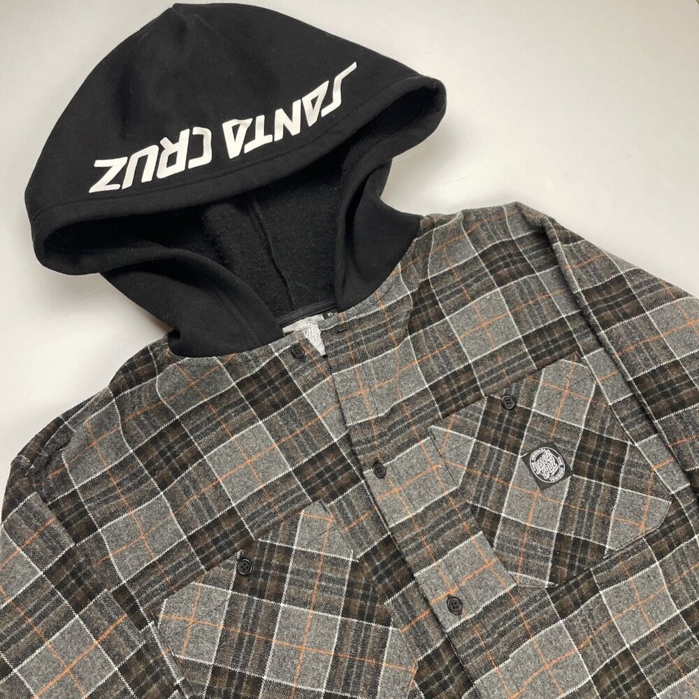 Santa Cruz Hooded Flannel Shirt Men’s XL Poly Wool Plaid Button Up Skateboard